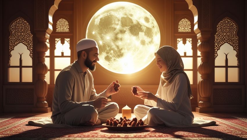 Ilustrasi orang berpuasa di tengah bulan purnama