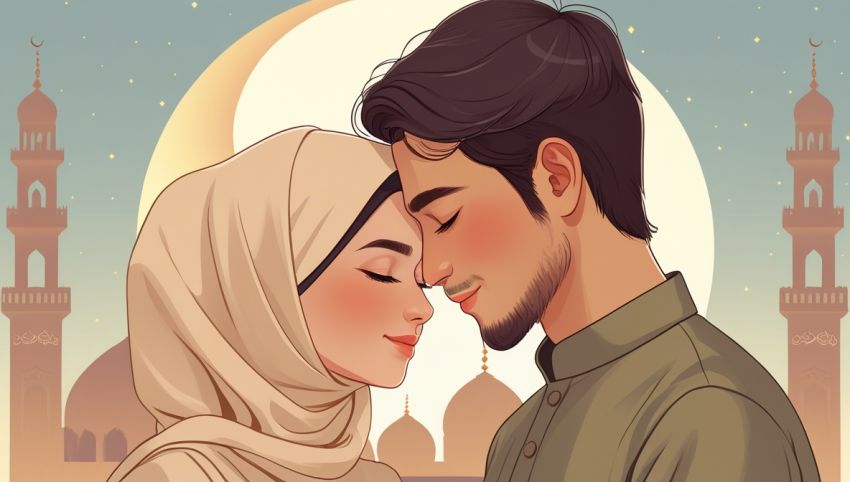 Suami istri berciuman dengan latar bulan Ramadhan