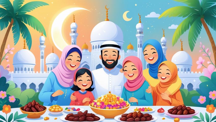 Ilustrasi bulan Syawal dengan nuansa Idulfitri dan masjid