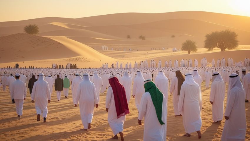 Ilustrasi lokasi miqat umroh dengan jamaah bersiap ihram