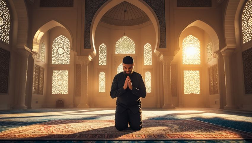 Seorang Muslim sedang sholat di dalam masjid