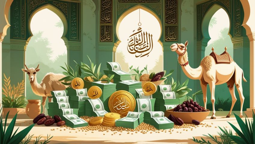 Ilustrasi zakat mal berupa emas, uang, dan hasil panen