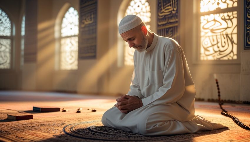 Seorang Muslim berdoa dengan khusyuk di dalam masjid saat fajar