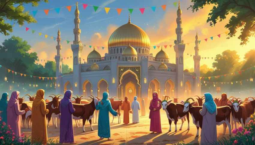 Ilustrasi umat Islam merayakan Idul Adha dengan suasana masjid dan hewan qurban
