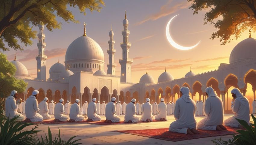 Ilustrasi umat Islam menyambut Idul Adha 2025 dengan latar Masjid dan bulan sabit