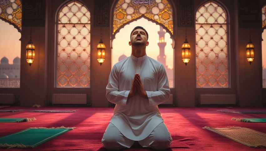 Seorang Muslim sedang sholat subuh di waktu fajar