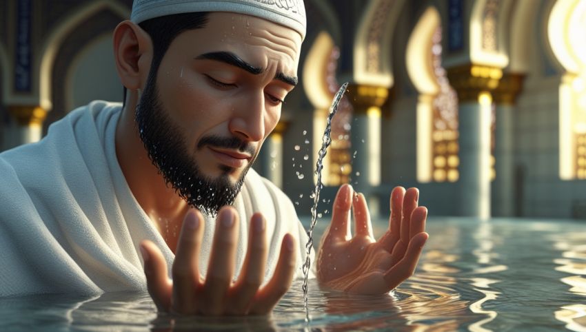 Ilustrasi seorang Muslim sedang berwudhu di tempat wudhu masjid dengan tangan mengusap wajah, menunjukkan niat sebelum wudhu