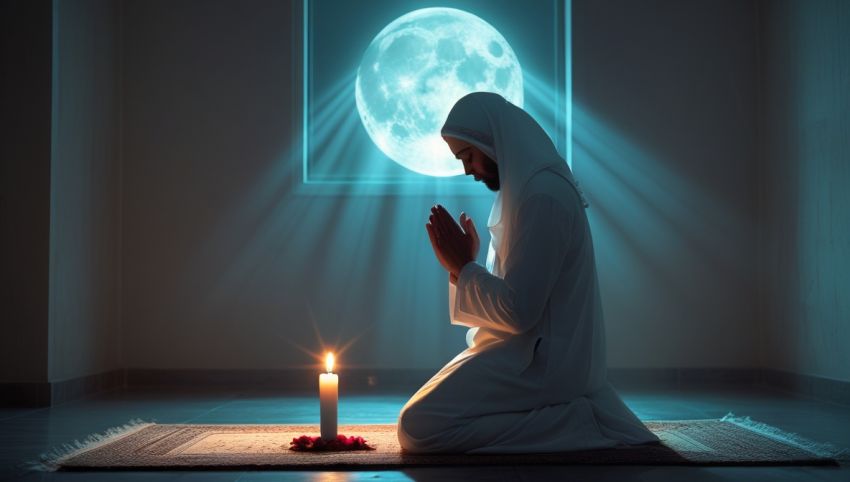 Ilustrasi seorang Muslim sholat hajat di malam hari