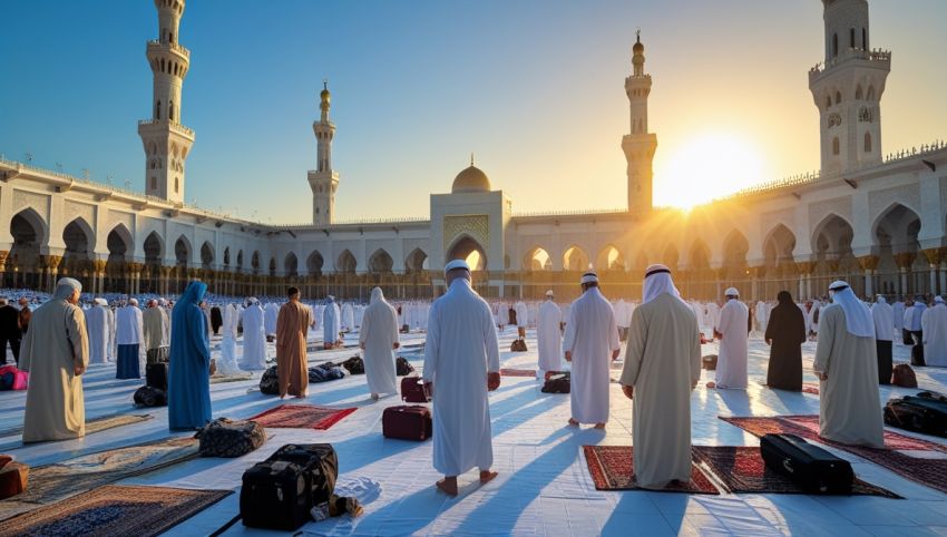 Jamaah umroh membawa koper dan perlengkapan ibadah