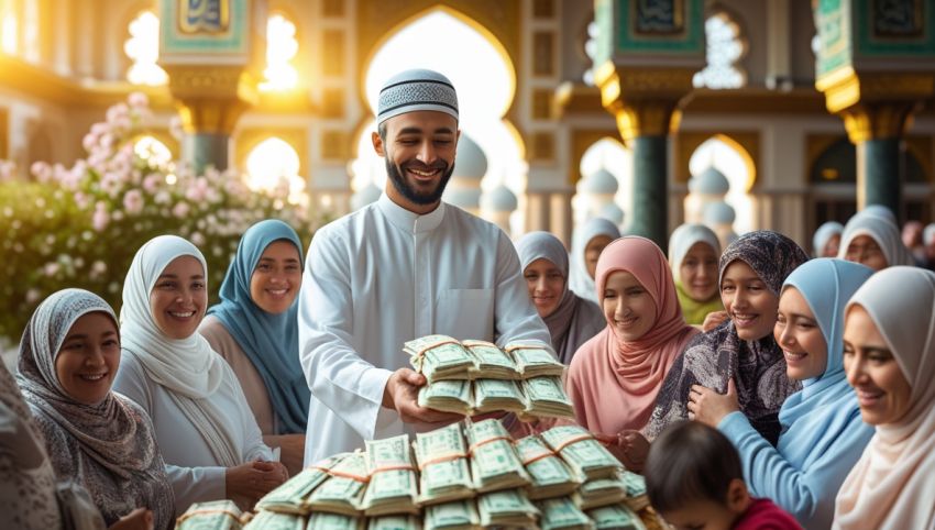 Ilustrasi penyaluran zakat fitrah kepada delapan golongan penerima zakat menurut ajaran Islam